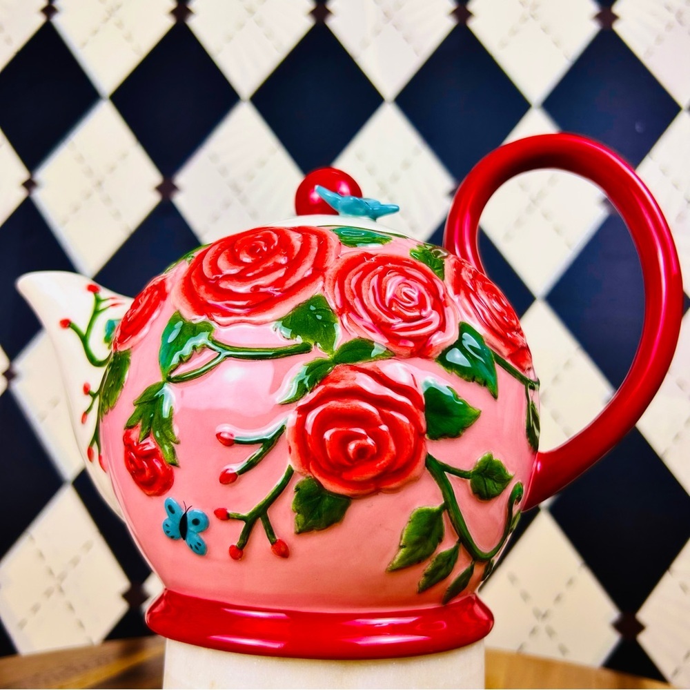 Ceramic Teapot Rose 3D Floral Relief and Butterfly Accent – Red, Pink, and Green